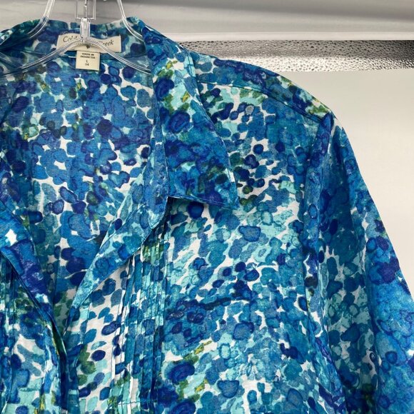 Coldwater Creek Womens Button Up Top Short Sleeve Pleated Blue/Multi Large - Picture 4 of 9